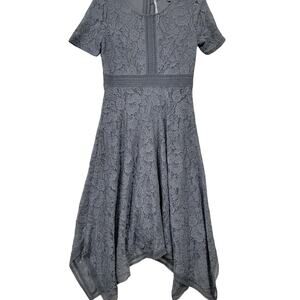 Small Grey Lace Overlay Floral Dress Handkerchief Hem Boho Fairycore Romantic